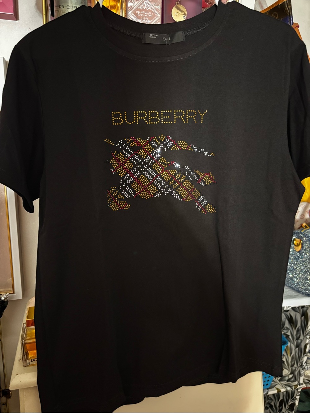 Woman’s Stretchy fashion Black Logo Rhinestone Plaid Tee